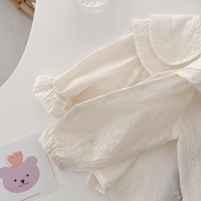 Chemise en coton à manches longues pour fille, chemisier blanc brodé à gros revers, Blouse à volants, chemisier ajouré à fleurs pour enfants