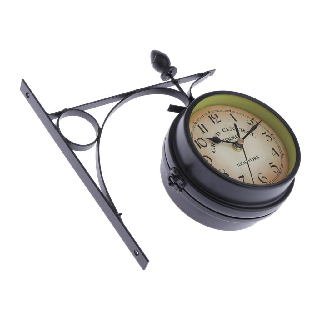 Reloj de pared de doble cara de estilo estación de tren de hierro, reloj redondo de estilo Vintage con soporte lateral de pared de desplazamiento