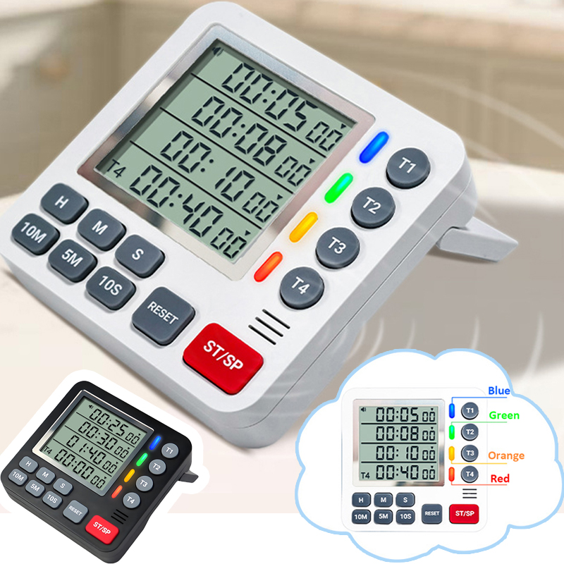 4 Channels Digital Kitchen Timer Count UP/Down Timer 4 Indicator Lights Cooking Timer Loud/Mute Flashing Timer with Magnet Stand
