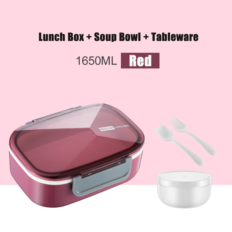 ONEUP Microwave Heating Lunch Box Rectangular Plastic Partition Large Capacity Double-layer Bento Box Portable Food Container: Red
