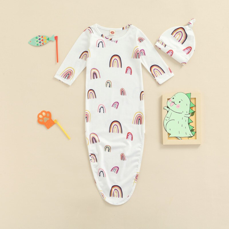 2 Stuks Pasgeboren Regenboog Print Outfits, Baby Tie-Up Lange Mouwen Ronde Hals Slapen Zak + Beanie