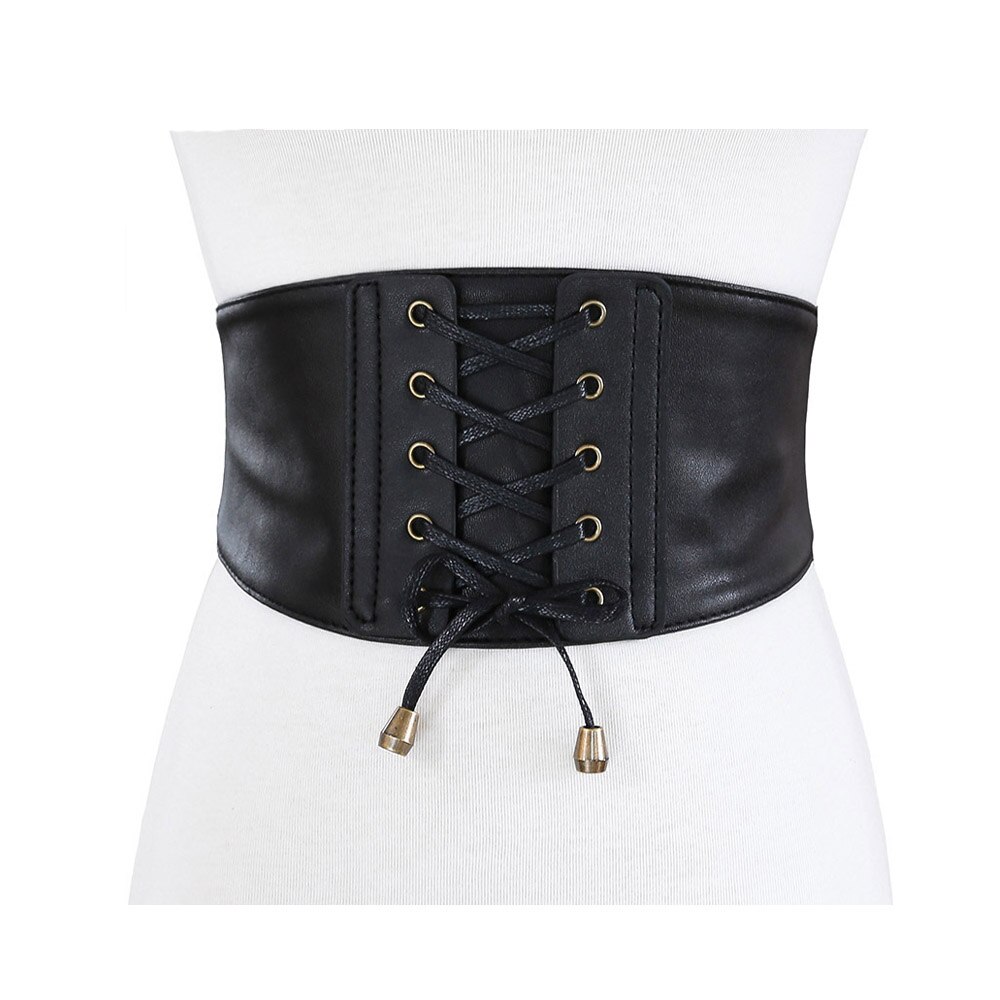 Cinturón de cuero ancho con cordones para mujer, corsé Vintage cruzado, accesorios para cintura, negro, blanco, marrón, VB0006: Black