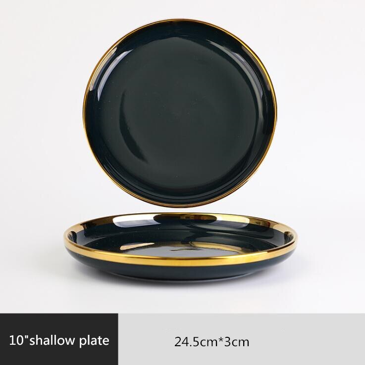 Gilt Rim Dark green Plate Steak Food Nordic Style Tableware Bowl Ins Dinner Dish High End Porcelain Dinnerware Set: 10inch Shallow plate