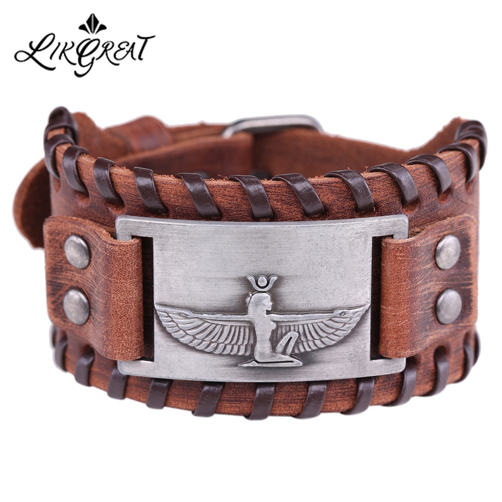 Likgreat Bruine Brede Braid Lederen Armband Koningin Van Egypte Heilige Guardian Bedelarmband Mannen Amulet Cleopatra Vii Charm Sieraden