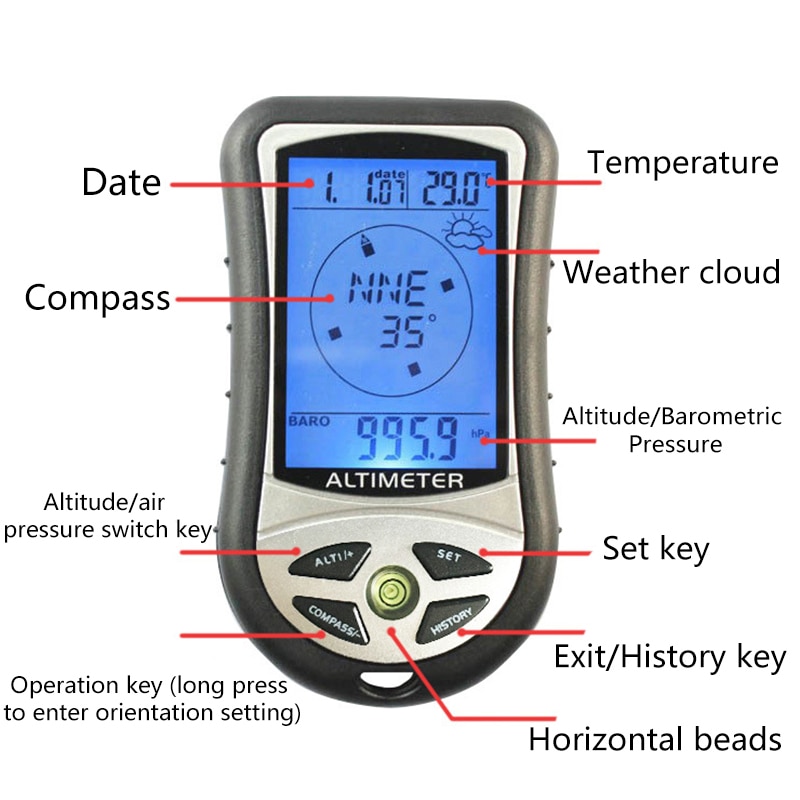 Multifunctional Electronic Digital Altimeter Altitude Barometer Portable Compass for Mountaineering Without Battery