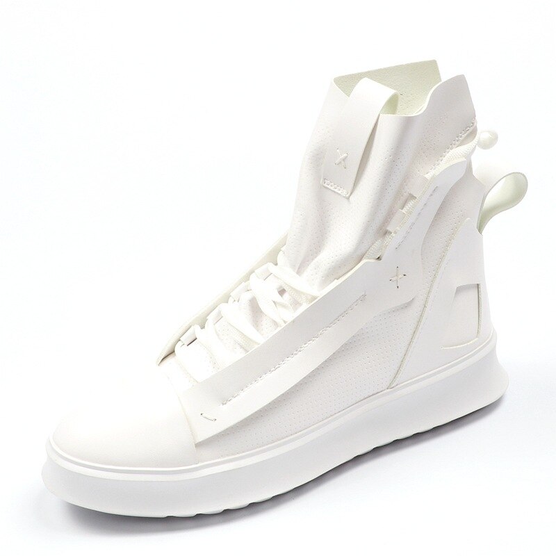 Pu leren laarzen motormerk heren casual schoenen enkellaarsjes klassieke heren hoge schoenen vrijetijdsschoenen hiphop laarzen botas hombre: Wit / 6.5