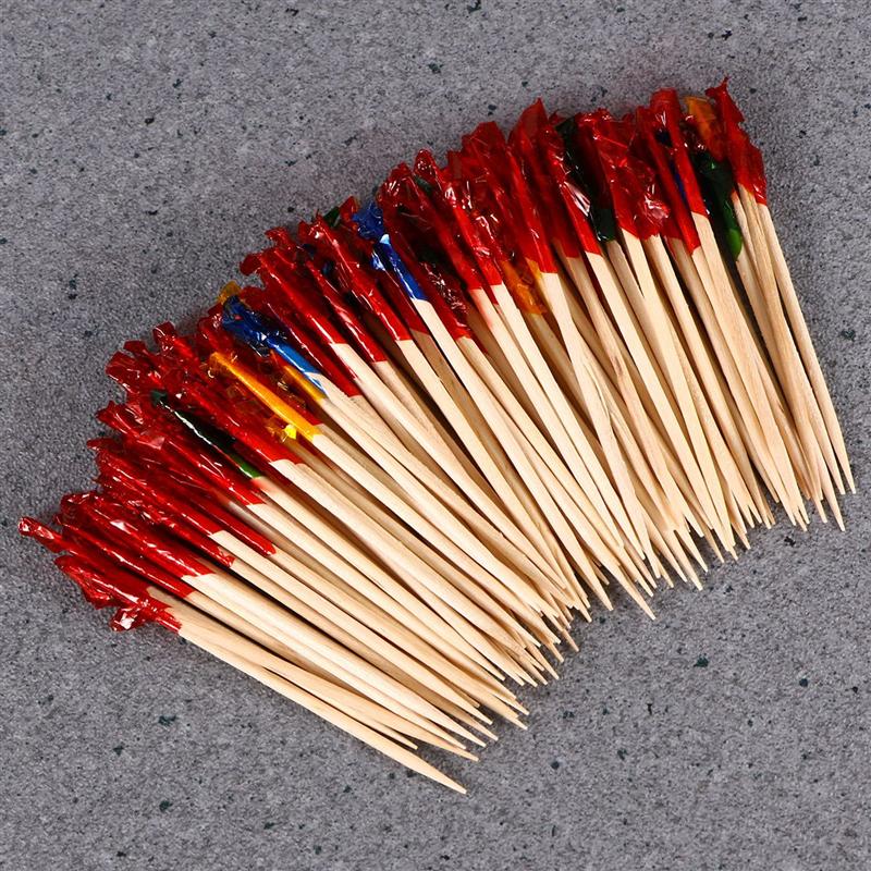 100pcs Bamboo Fruit Picks with Colorful Plastic Strip Flower Picks Cocktail Picks Cocktail Fruit Toothpicks Party Supplies