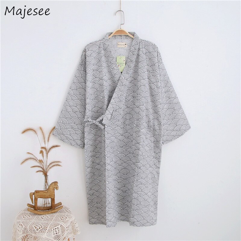 Robes Men Long V-Neck Soft Printed Simple Breathable Summer Seven-quarter Sleeve Japanese Style Robe Mens Cotton Home Clothing