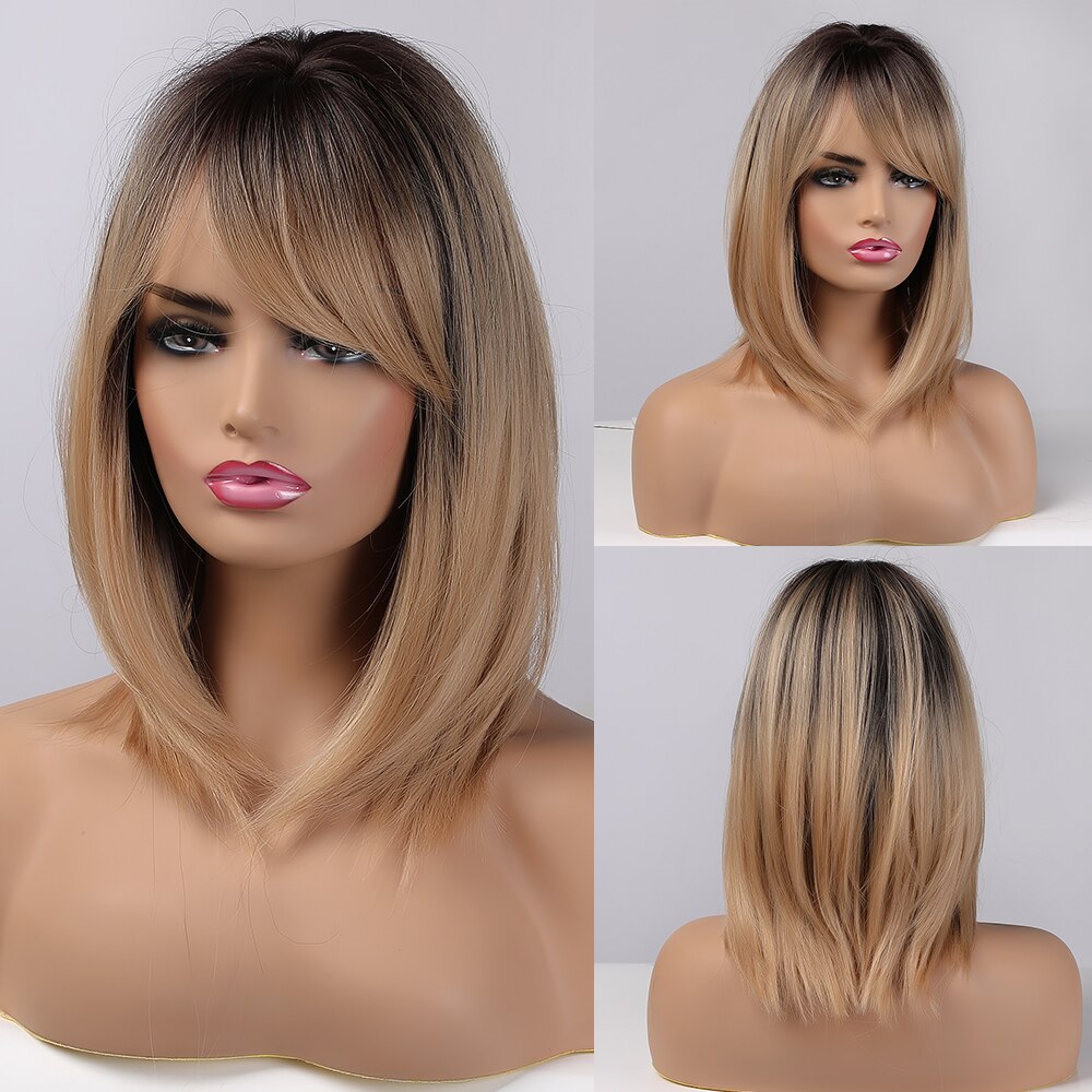 Pelucas de pelo largo liso ombré marrón ceniza Lolita parte lateral para mujeres Afo pelucas de pelo Natural para uso diario pelucas sintéticas resistentes al calor: lc341-1