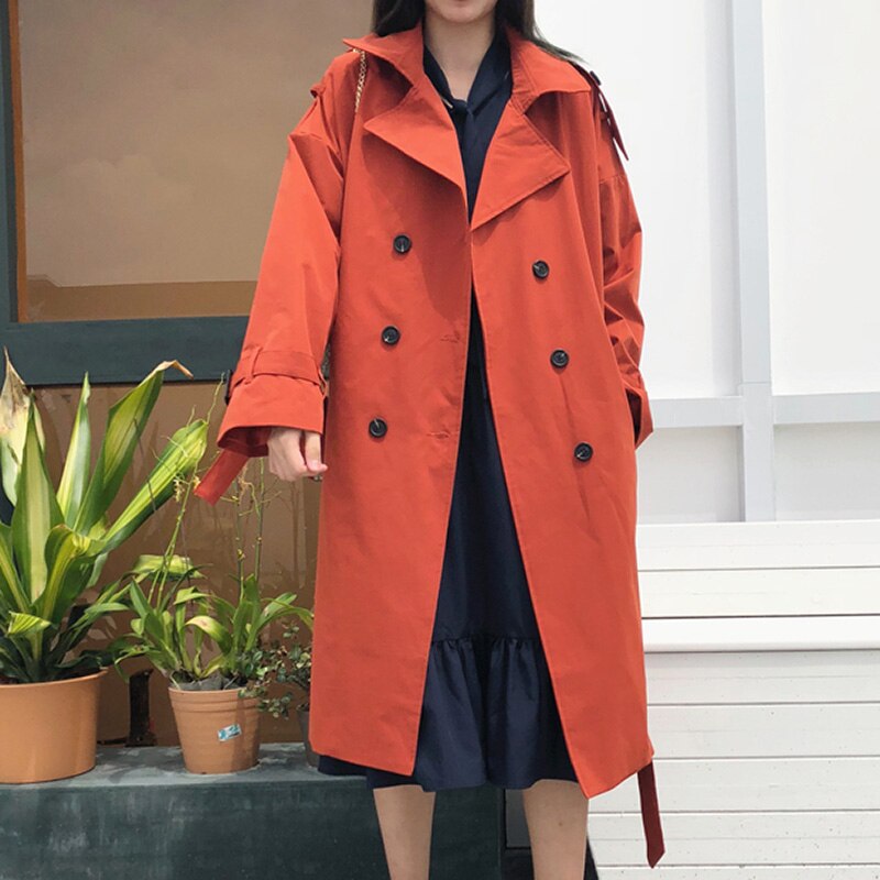 Aachoae Office Solid Trench Coat Women Batwing Long Sleeve Loose Lady Long Coat With Belt Casual Wide Waisted Trench: Brick