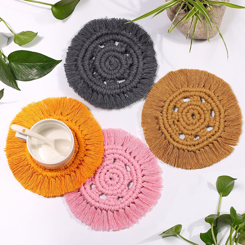 Round Woven Coasters Handmade Macrame Heat-Resistan Cup Mat Tassel Table Decoration for Home TH