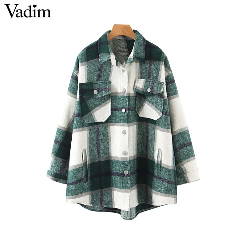 Vadim women plaid oversized jacket checkered pockets loose style long sleeve coat female outwear warm causal tops CA557