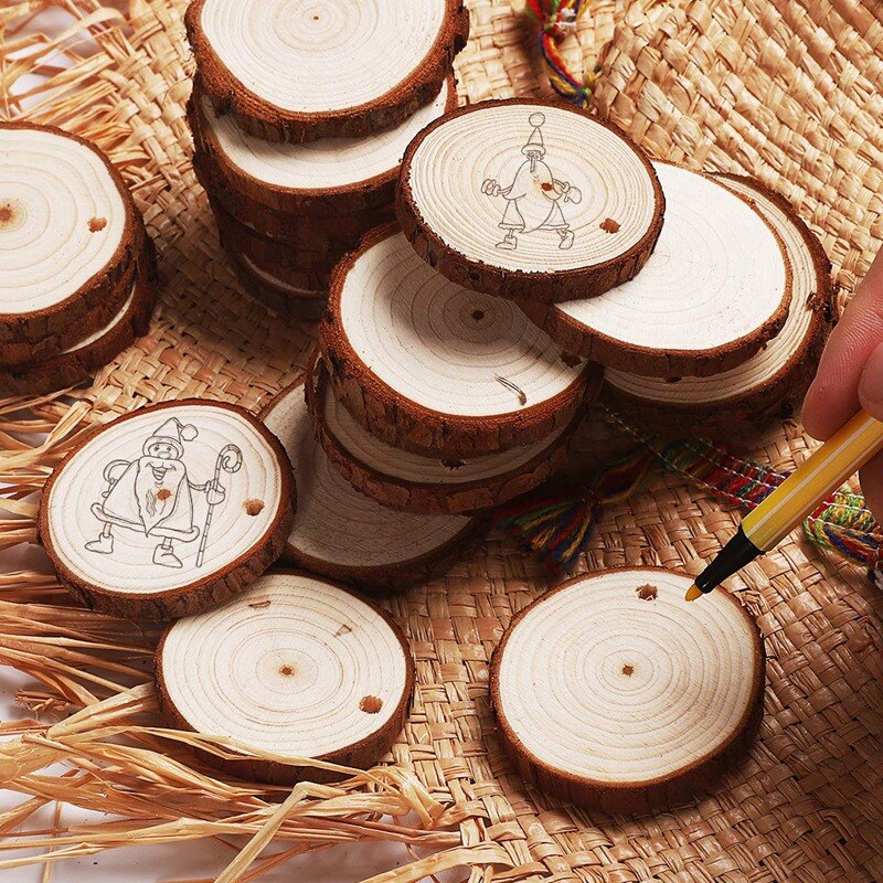 50 stuks natuurlijke houten schijfjes knutselset onafgewerkt voorgeboord met gat houten cirkels geweldig voor knutselen kerstversiering