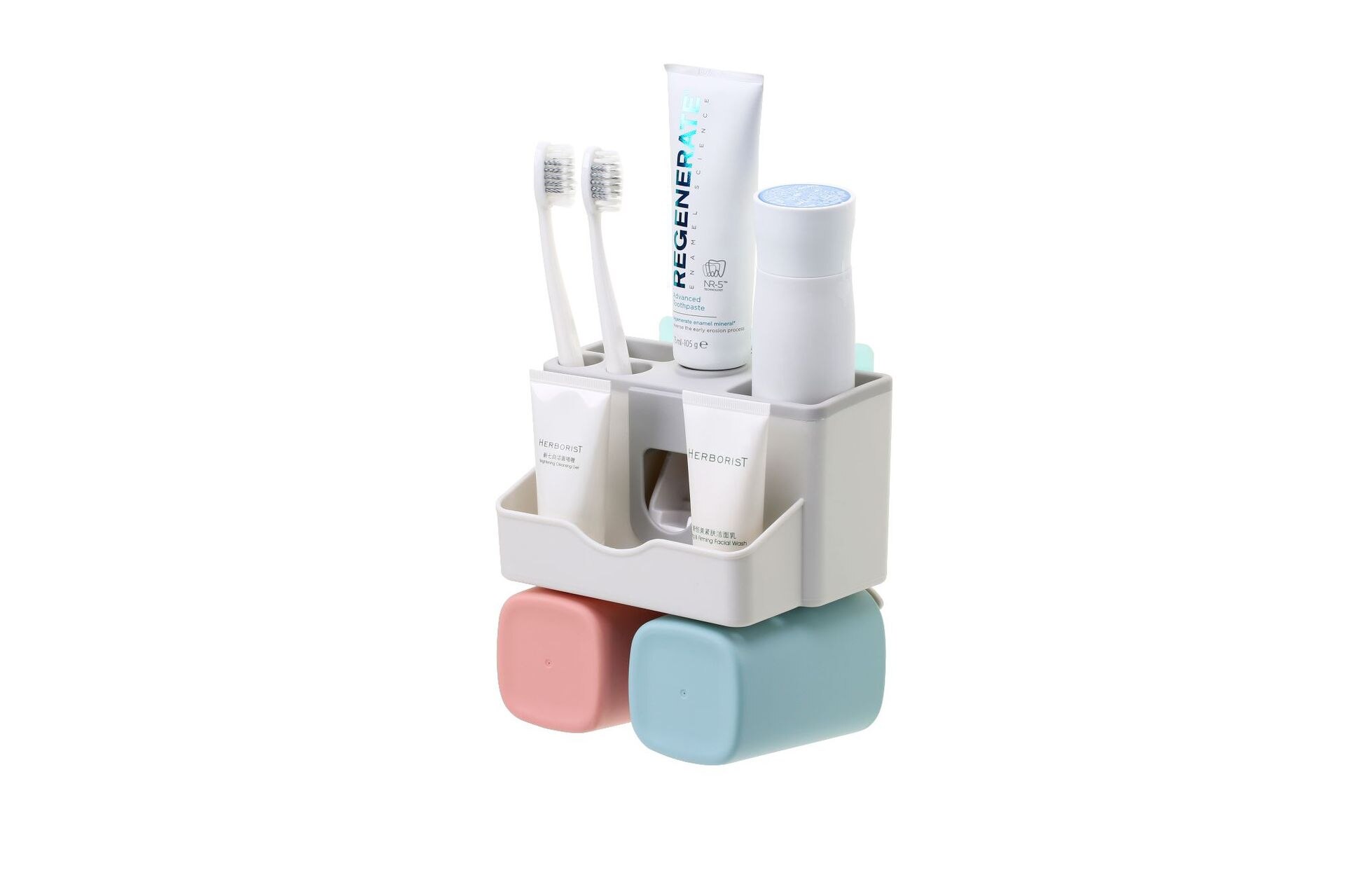 Toothbrush Holder Non Perforated Toothpaste Cup Stand Multi-functional Bathroom Suction Rack Cosmetic Storage Organizer: Family for two