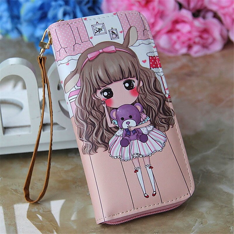 Lovely Women Girl Long Cartoon Raffiti Wallet Bag with Strap Card Holder Coin Purse Change Wallet Zip PU Leather Letter Handbags: 5