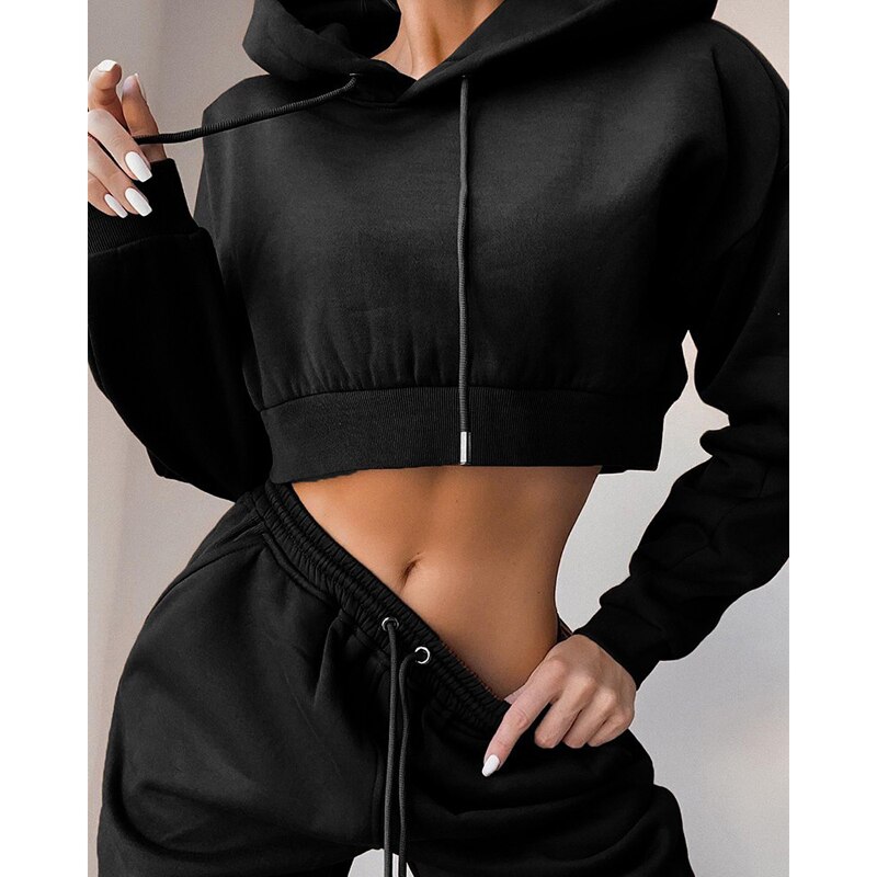 Women&#39;s Tracksuit Set Casual Long Sleeve Hooded Sweatshirt and Loose Drawstring Waistband Pants Two-piece Suit Sportswear