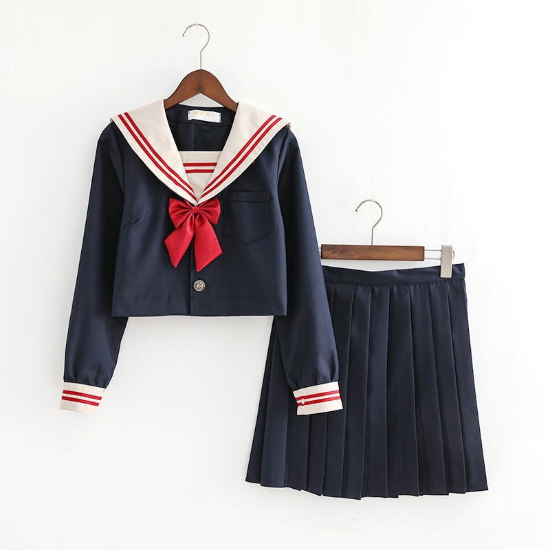 Uniforme scolaire japonais pour filles, costumes mignons à manches longues, hauts bleu marine, jupe plissée, uniformes de marin, Costume Cosplay d'étudiant: Long Sleeve Set / XL
