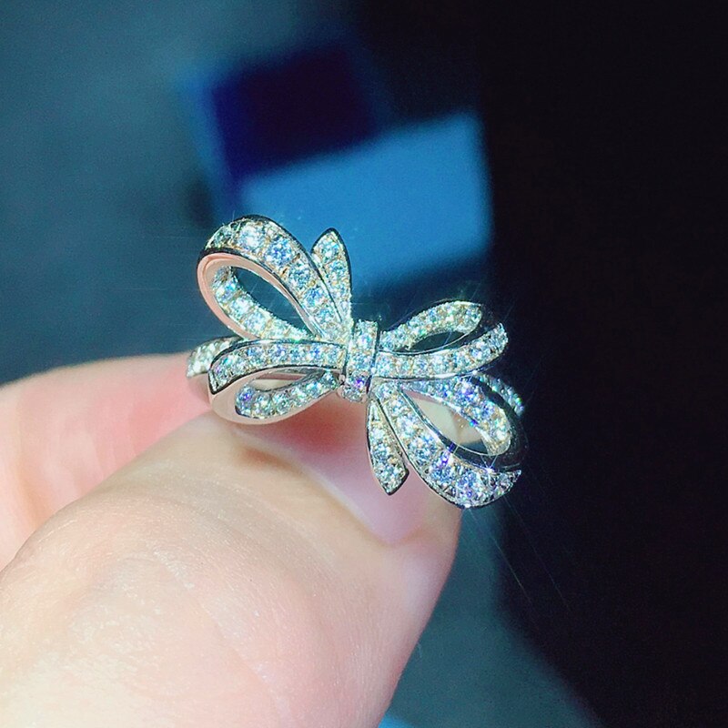 Luxus Weibliche Schmetterling Bowknot Hochzeit Ringe Elegante Silber Farbe Liebe Finger Ring Versprechen Zirkon Engagement Ringe Für Frauen