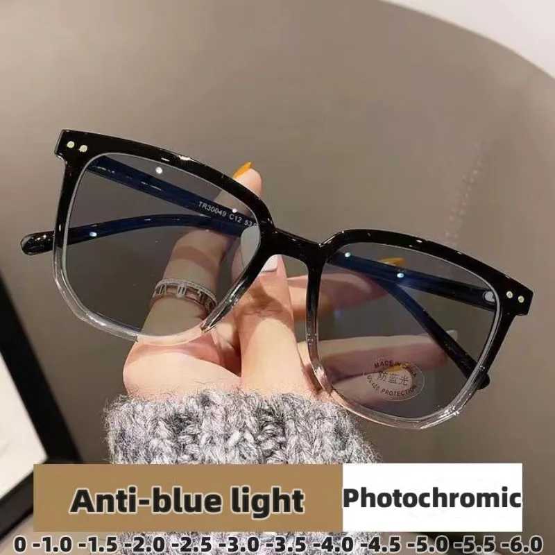 Photochromic Myopia Glasses Man Woman Square Anti Blue Light Finished Prescription Eyewear Ultralights Retro Glasses