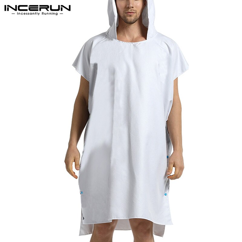 INCERUN Leisure Men Hooded Bathrobes Short Sleeve Quick Dry Beach Robes Solid Color Buttons Nightgown Mens Loose Homewear S-5XL