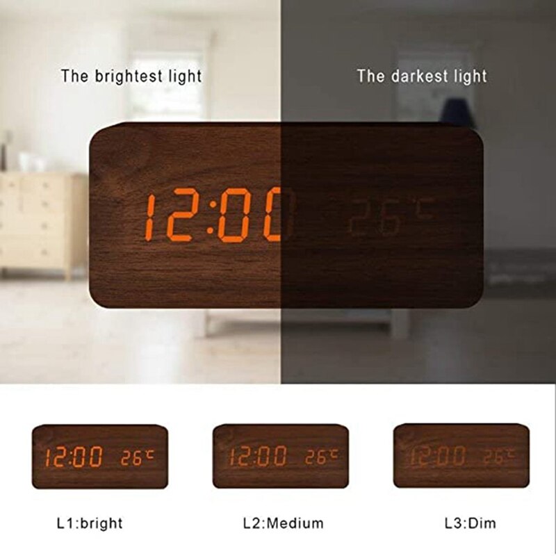 Multifunctionele led houten elektronische wekker met gedempte temperatuur, wekker met dubbel display, usb-wekker