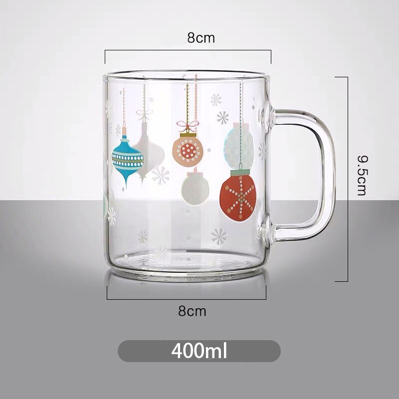 Jultryck glas mugg handtag dubbelskikt isolering tjock glas kopp jul dekor muggar hem vatten koppar värmebeständigt: Lätt handtag