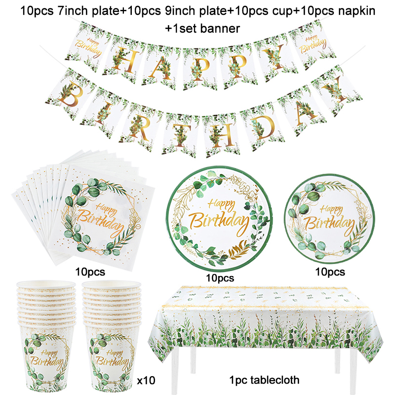 Green Eucalyptus Leaf Disposable Tableware Set Paper Plate Cup Napkin Kids Adult Birthday Supplies Hawaiian Summer Party Decor: Olive