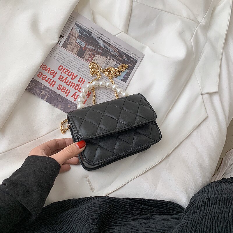 Lingge torba damska 2021 letnia nowa moda jedna torba na ramię kurierska łańcuszek z pereł przenośna mała torba kwadratowa torba na łańcuszku okrągła torba: Small Black