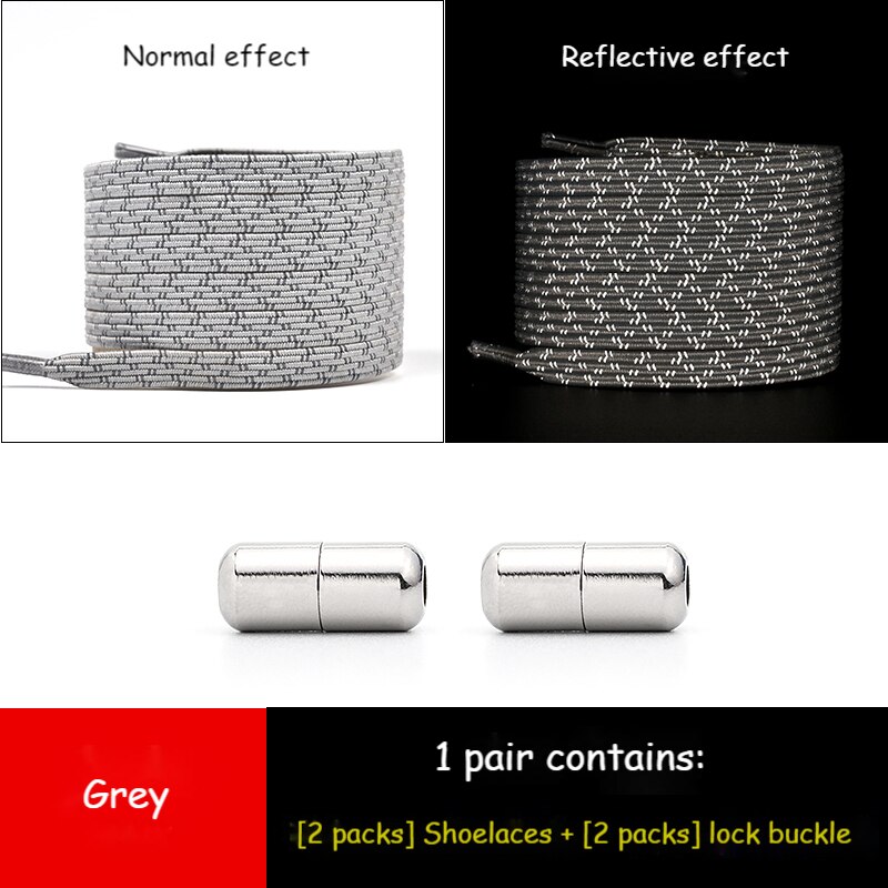 Cordones elásticos reflectantes sin lazos para zapatillas, cordones de goma para zapato que No se ata, planos y rápidos para niños y adultos: Grey