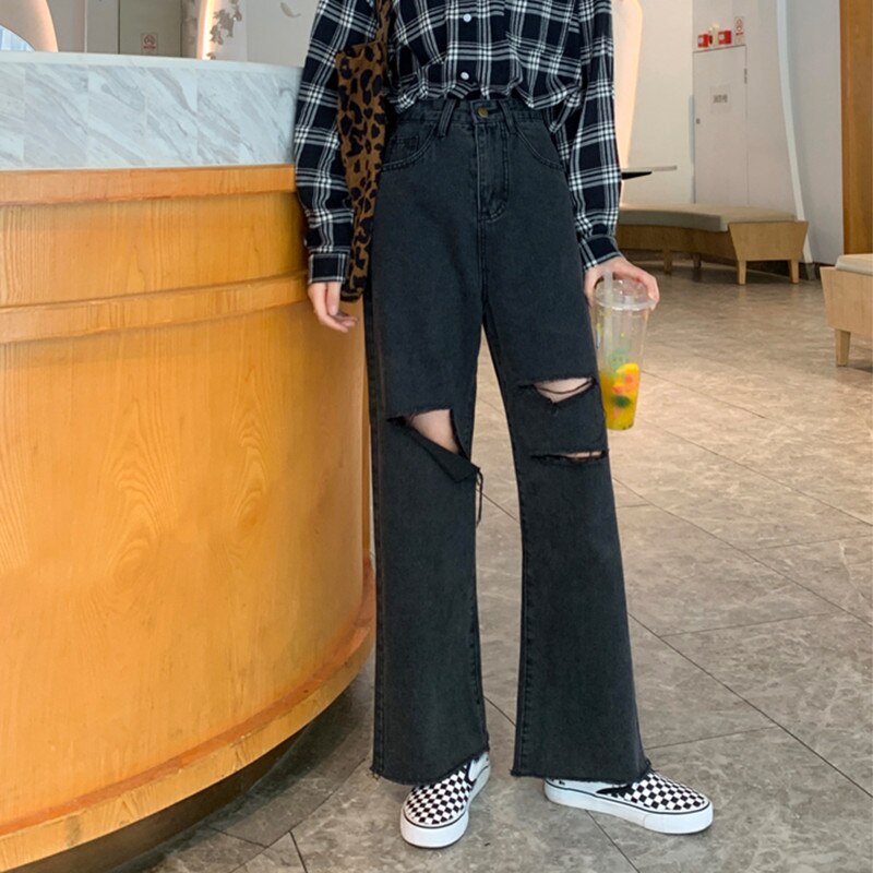 Dames jeans gescheurd hoge taille kleding wijde pijpen denim kleding streetwear vintage harajuku rechte broek