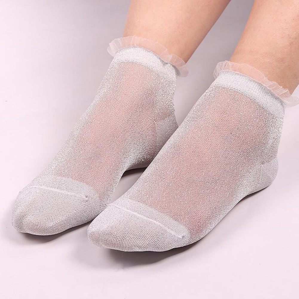 Glitter Ankles Socks Women Socks Spring Summer Shiny Hosiery Thin Casual Girls Sexy Foot Socks Crystal Lace Boat Socks: Silver