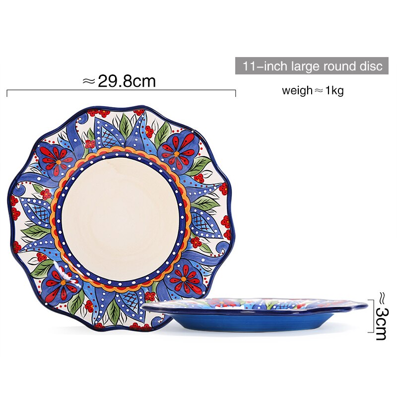 Ceramic Dinnerware Set with Flower Print Plate Bowl Mug Big Size Tableware Dish Steak Plates Retro Set: 11 inch round plate