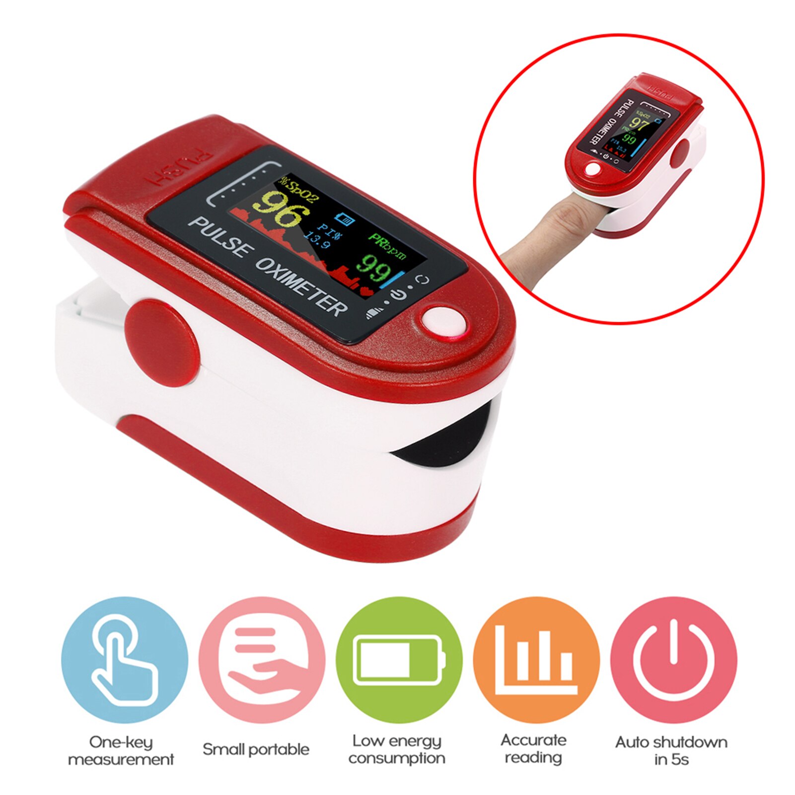 Digital Finger Pulse Oximeter Blood Oxygen Monitor Oxygen Saturation Monitor OLED Display without Battery MINI Oximetro: Red