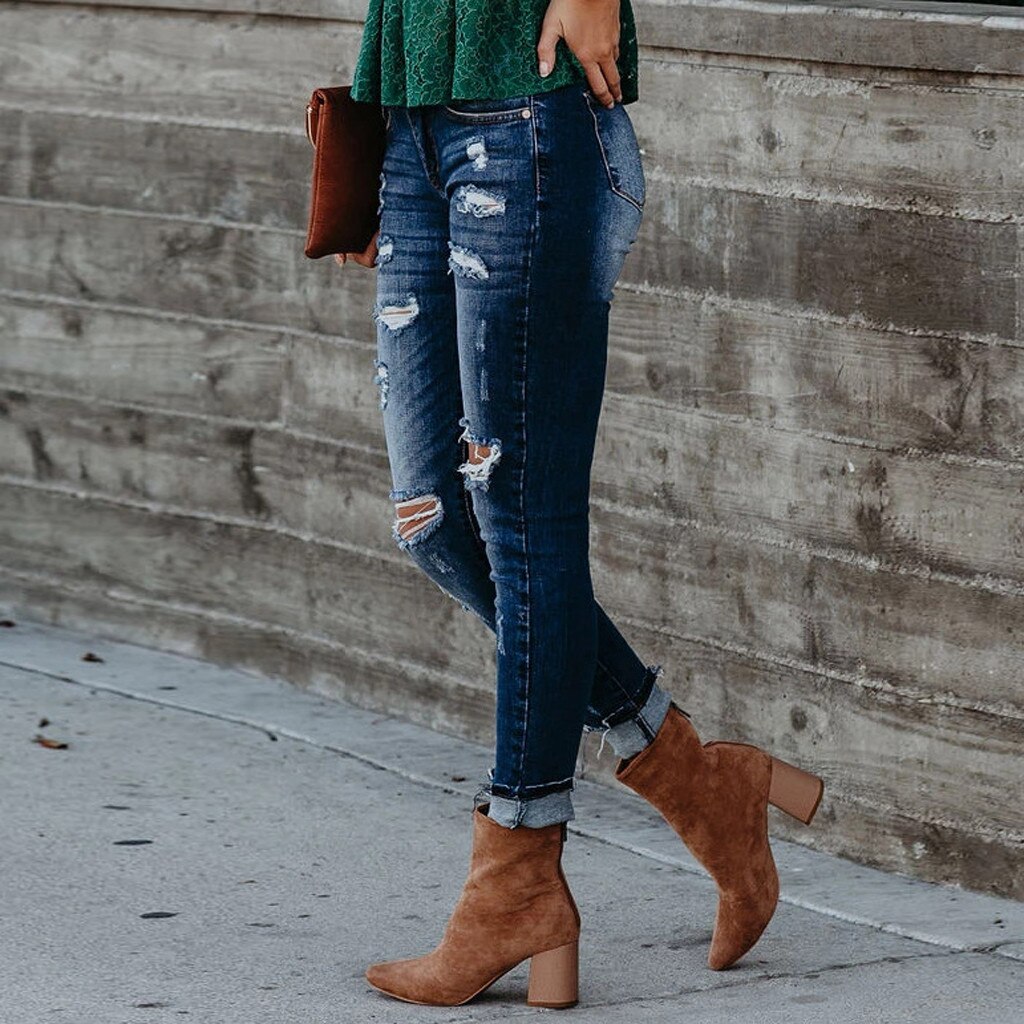 jean femmes taille haute maigre trou Denim bouton Stretch pantalon mince mollet longueur jean roupas déchiré jean rapide