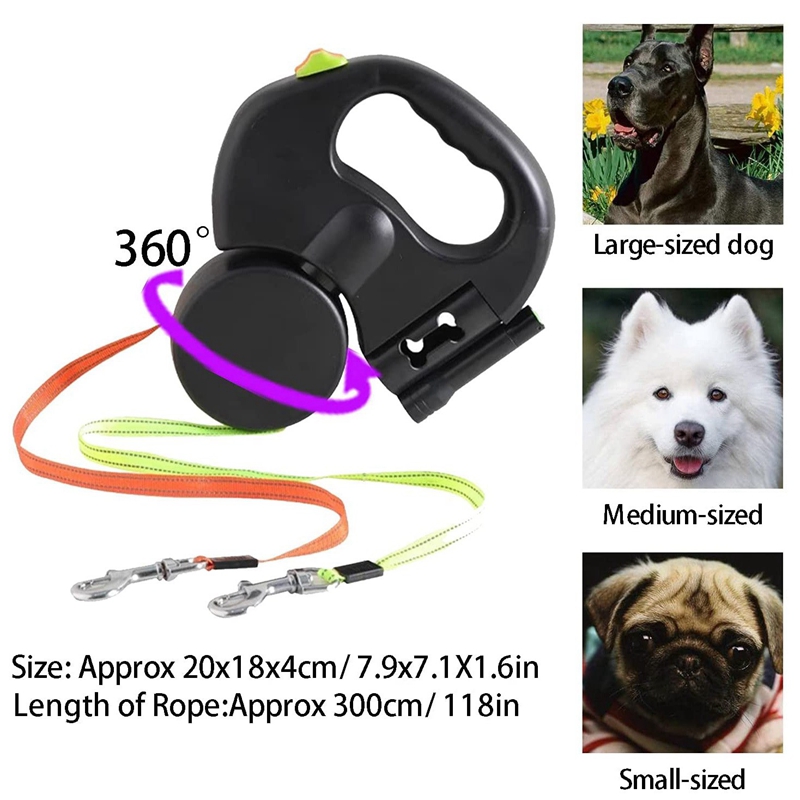 Dual Hond Touw Leash Met Licht Intrekbare Dubbele Huisdier Trekkabel Riem Draagbare Rotatie Huisdier Touw Voor 2 Honden lopen