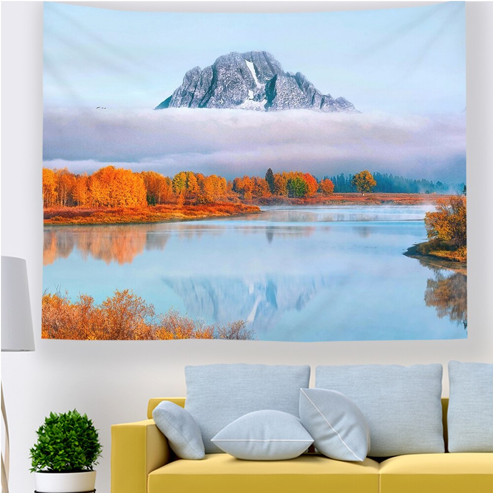 Red Forest Tapestry Mysterious Rainy Foggy Nature Scene Burgundy Tree Leaf Modern Autumn Wall Hanging Hippie Bedroom Living Room: 150x150cm / 2