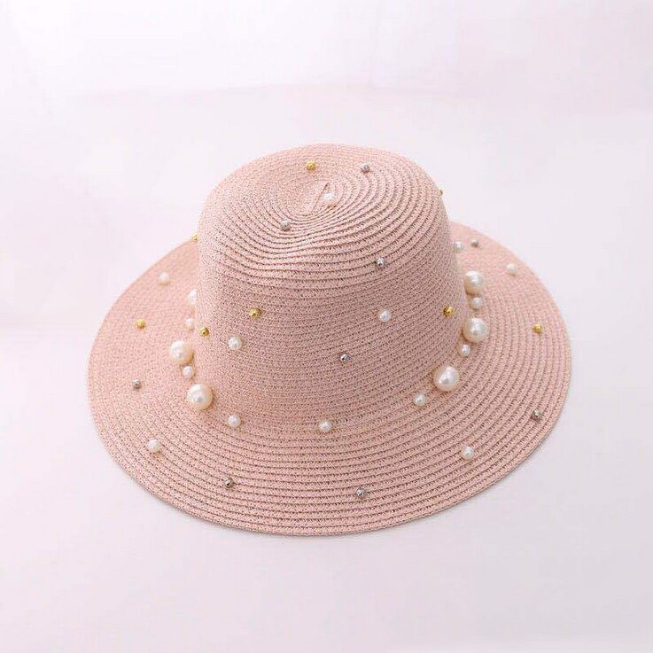 summer ladies spring hats flower beads wide brim jazz panama straw sun visor beach hat flower rivet pearl straw hat cap