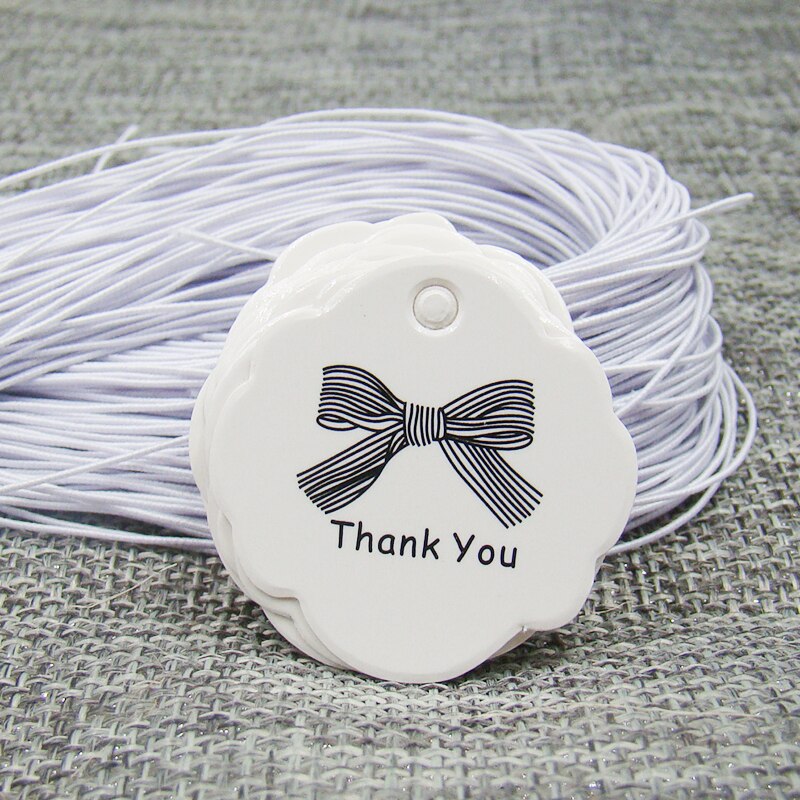3*3cm wit papier dank uw strik swing tag 100pcs + 100pcs elastiek voor proudcts verpakking tagging label