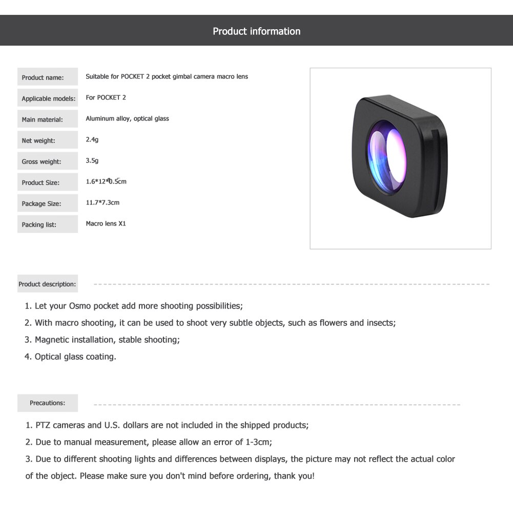 Super Macro lentille HD caméra Lentes magnétique Macro Micro lentille pour DJI poche 2 poche cardan accessoires de caméra