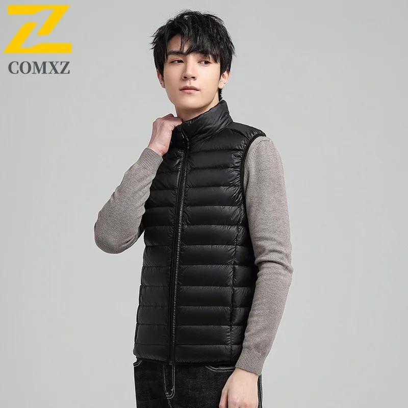 ​ ​ Heren effen donsvest witte eendenveren sport winter casual jas lichtgewicht warme mouwloze jas met standaard colla