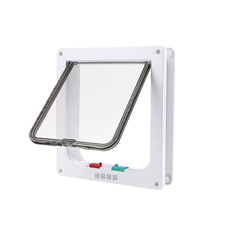 Puerta abatible para perros y gatos con cerradura de seguridad de 4 vías, puerta abatible para perros, gatos, gatitos, Kit de puerta pequeña de plástico ABS para mascotas, puertas abatibles para gatos y perros: Blanco / 27.7x25x5.5cm