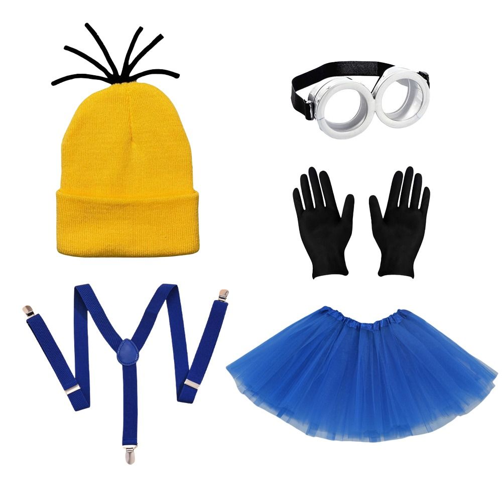 Accesorios de disfraz de Halloween para hombres y mujeres, conjunto de Minions para de Cosplay, gorros amarillos, vestido azul, guantes negros para adultos, 3 piezas/5 piezas