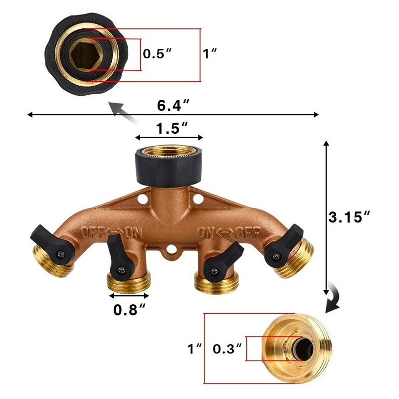 4- veis messing hageslange splitter kraftig hage kran slange adapter dyse bryter kontakt med 4 stengeventiler for hage