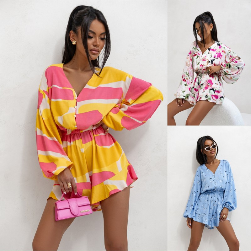 Dames zomer nieuw item V-hals knopprint lantaarn lange mouwen taille cinched ruche rand driedelige shorts jumpsuit losse pasvorm