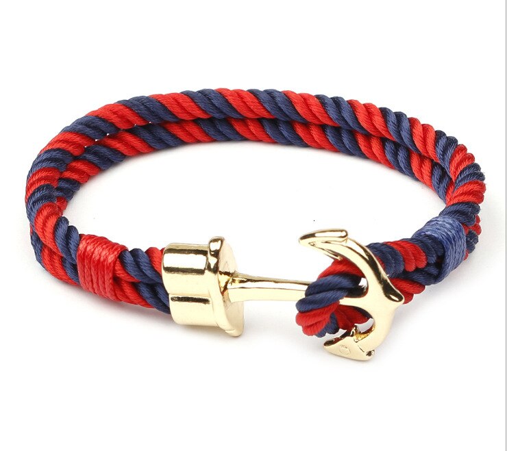 Mode Mannen Armbanden Gevlochten Polsband Nylon Armband Mannen Gouden Legering Haak Anker Touw Bangle Sieraden Pulseras: Blue red