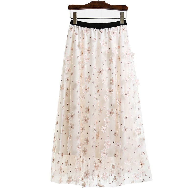 Falda de tul de gasa bordada para mujer, falda de malla plisada de cintura alta, con estampado Floral blanco coreano, 2022: Rosa