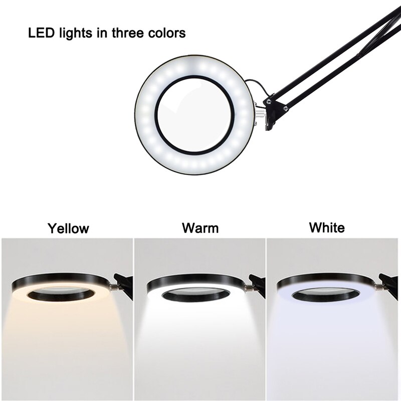 Lampe de bureau de lecture d'anneau de LED moderne avec l'agrafe 5Xlens loupe pince de lumière bras oscillant lumière de Table Dimmable USB veilleuse