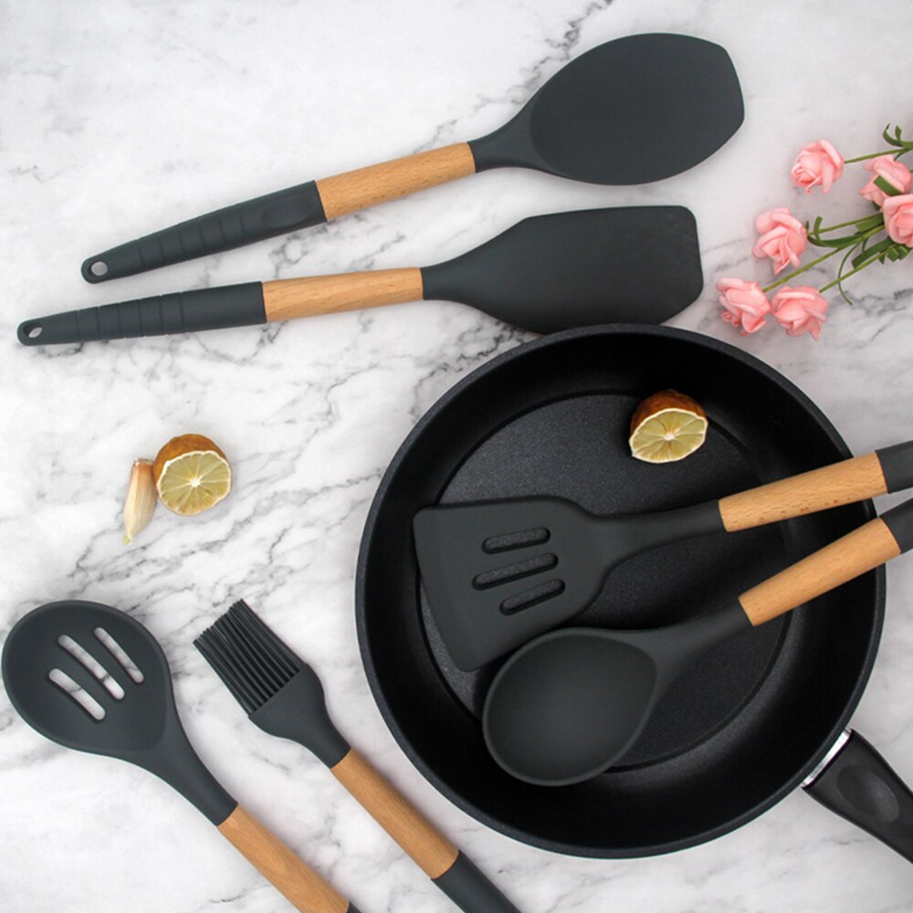 Boîte de rangement pour ustensiles de cuisine, cuillère à soupe en bois Silicone, spatule brosse, grattoir outils de cuisine noirs