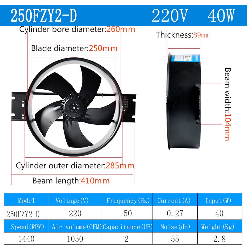 10inch 220V 380V 40W 100W Axial Flow Fan with Outer Rotor Fan for Kitchens Distribution cabinet Farm: 250FYZ2-D 220V 40W