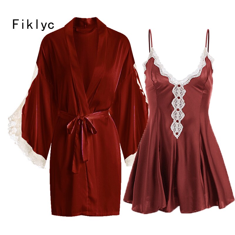 Fiklyc Summer 2PC Robe Gown Sets Mini Nightdress Bathrobes Black Sleepwear Lingerie Nighty Lounge Satin